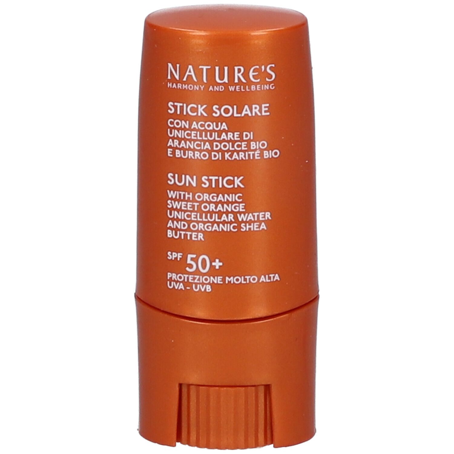 Stick solare arancione. Testo: NATURE's, Stick Solare SPF50+, UVA-UVB.