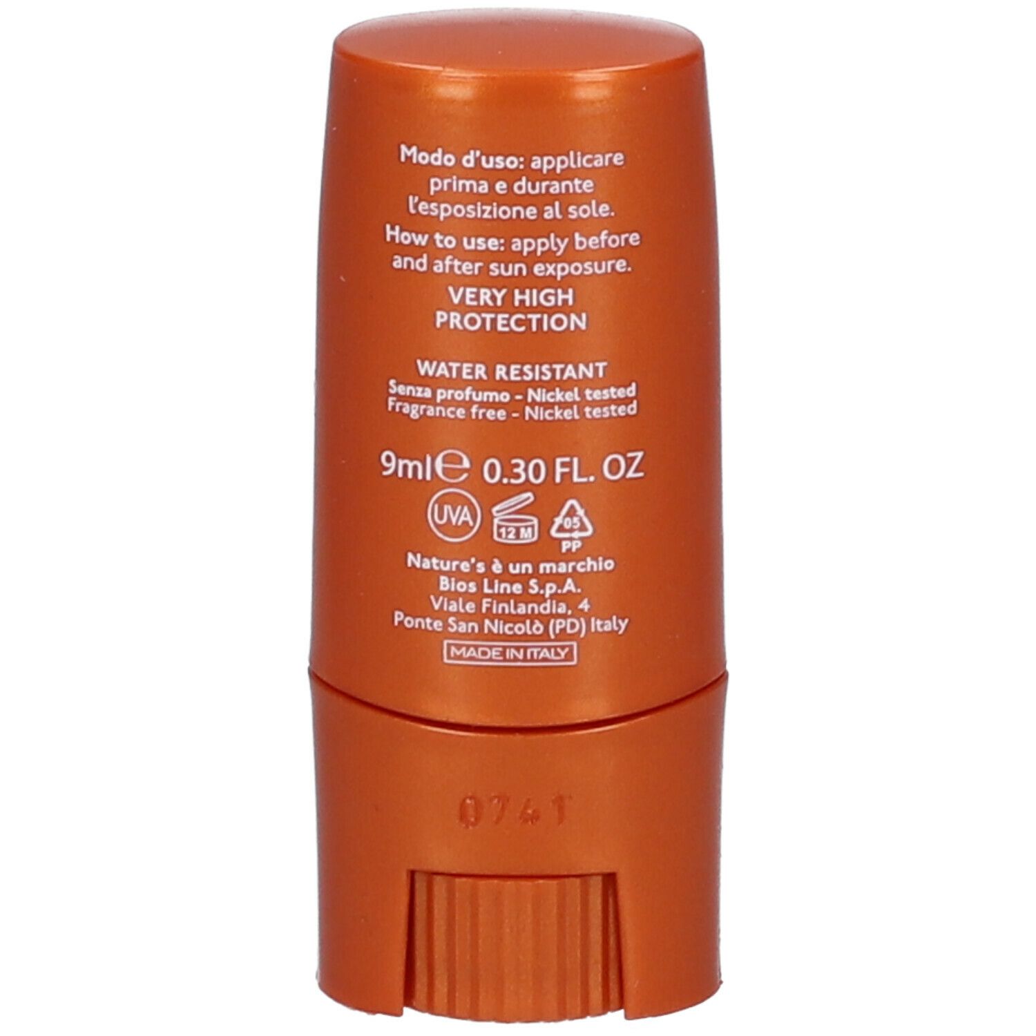 Retro dello stick solare arancione. Testo: 9ml, 0.30 FL. OZ, Made in Italy.
