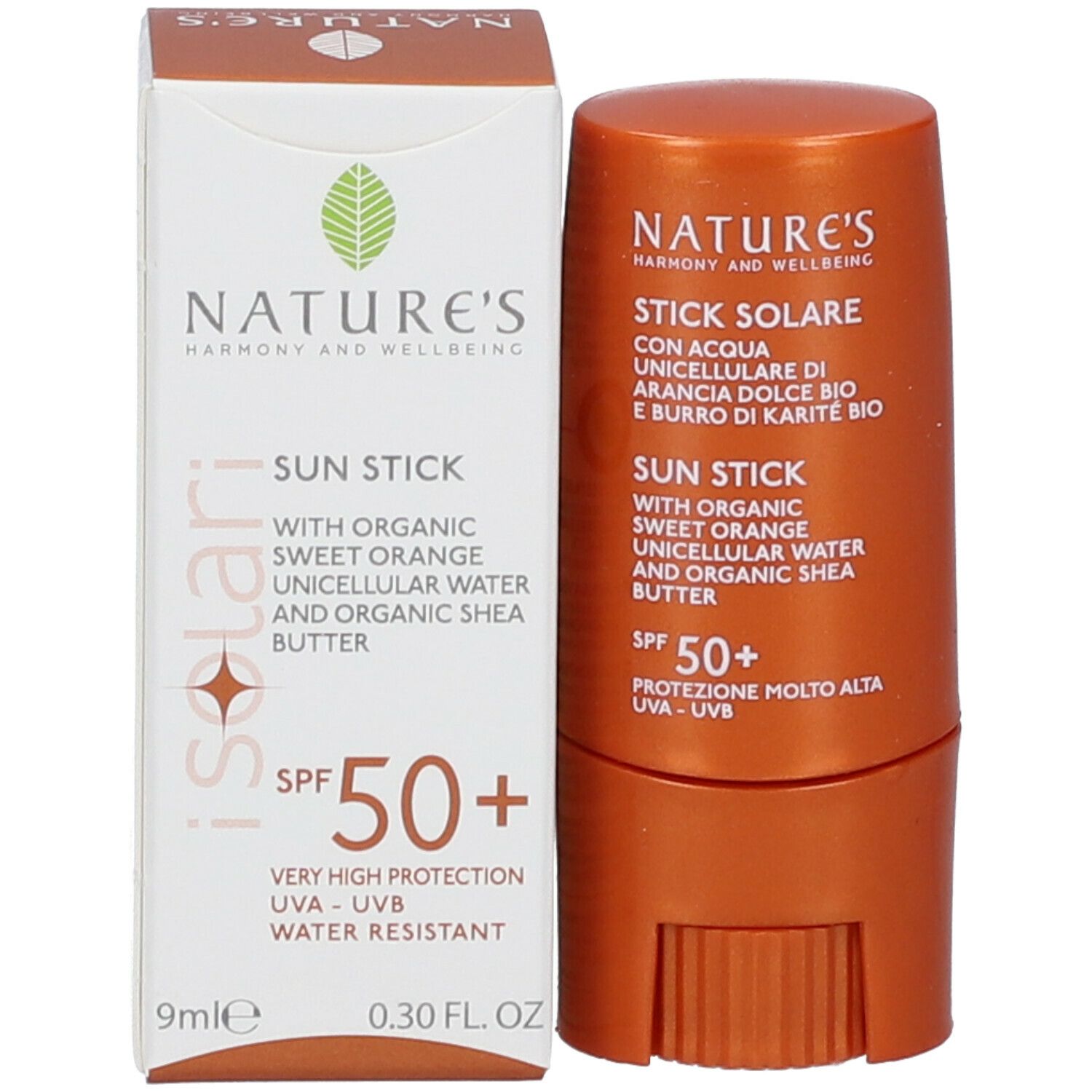 Stick solare e confezione. Testo: NATURE's, Stick Solare SPF50+, UVA-UVB, 9ml.
