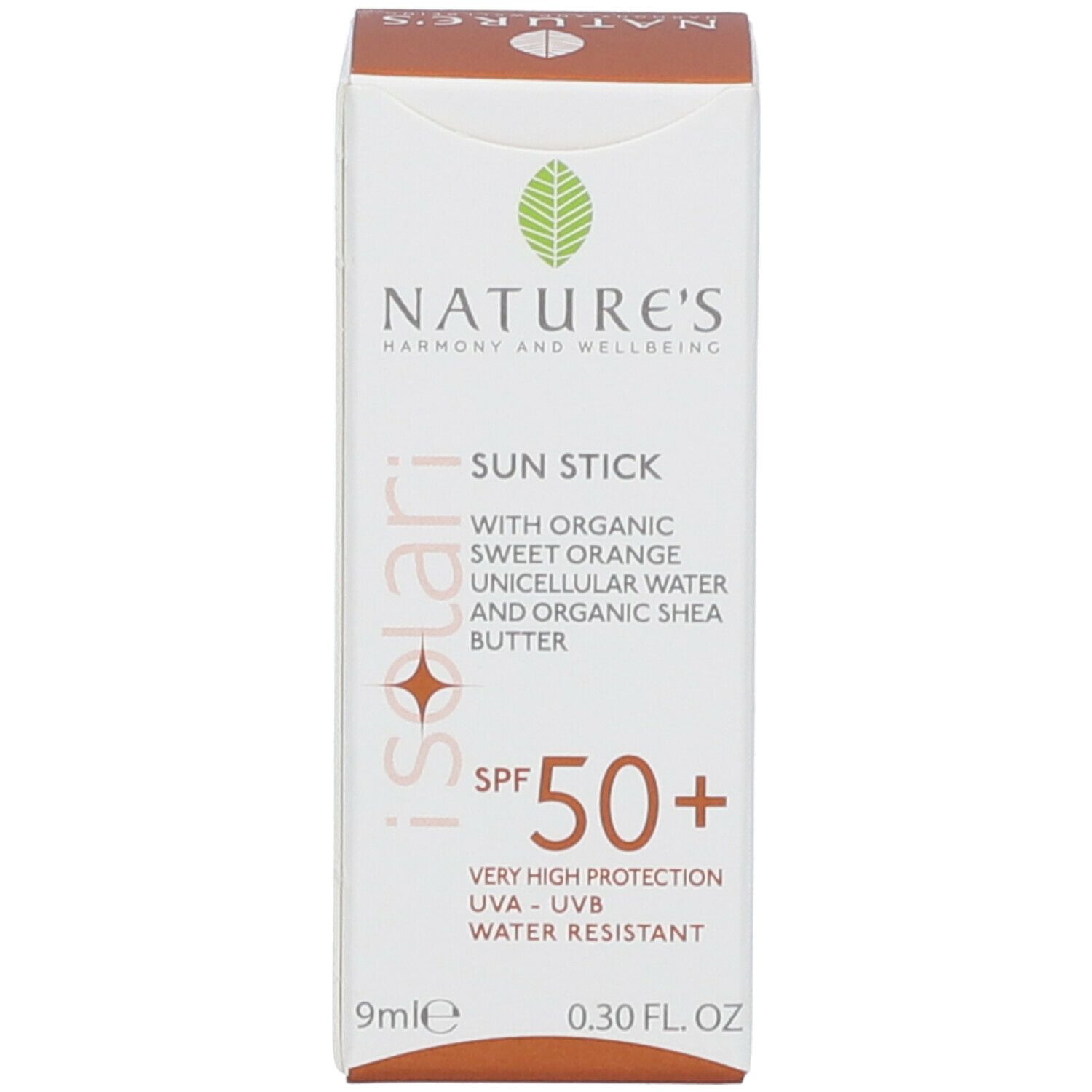 Confezione. Testo: NATURE's, Stick Solare SPF50+, UVA-UVB, 9ml, 0.30 FL. OZ.