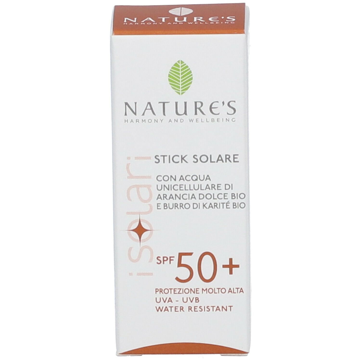 Confezione. Testo: NATURE's, Stick Solare SPF50+, UVA-UVB.
