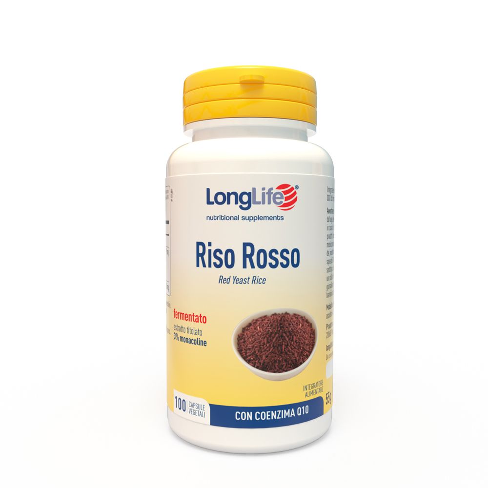 Flacone bianco con tappo giallo. Scritta: LongLife Riso Rosso, riso rosso. 100 capsule. Con Coenzima Q10.