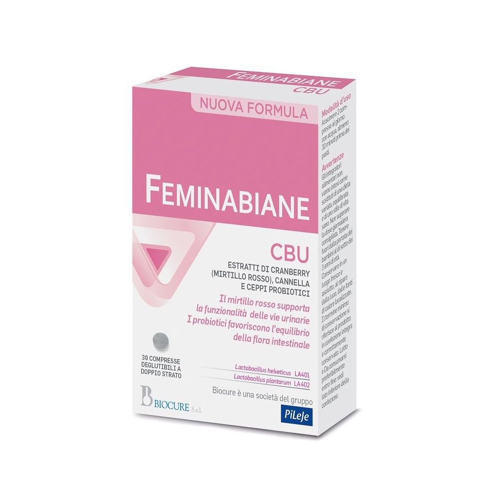 Scatola di compresse "Feminabiane CBU". Confezione rosa e bianca con nome del prodotto e ingredienti.