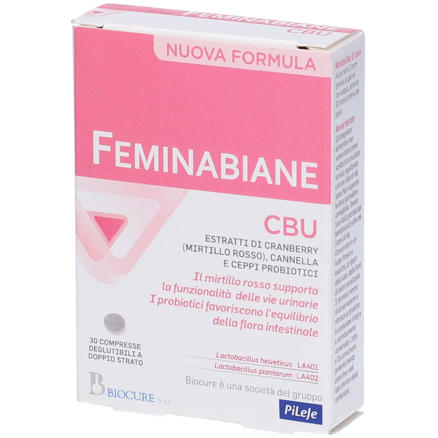 Scatola "Feminabiane CBU". Confezione rosa e bianca. Nome del prodotto, ingredienti e 30 compresse.
