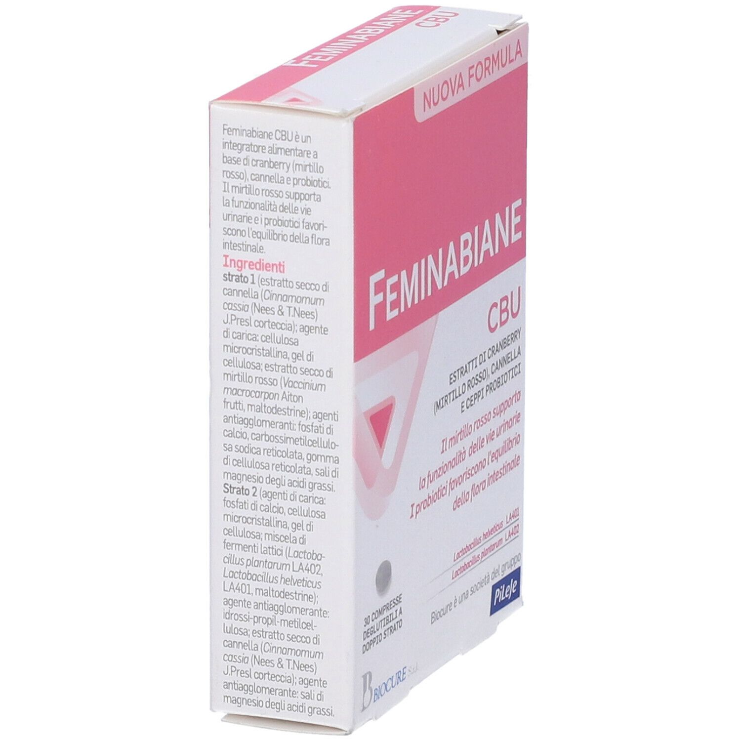 Scatola "Feminabiane CBU". Confezione rosa e bianca. Nome del prodotto, ingredienti e 30 compresse.