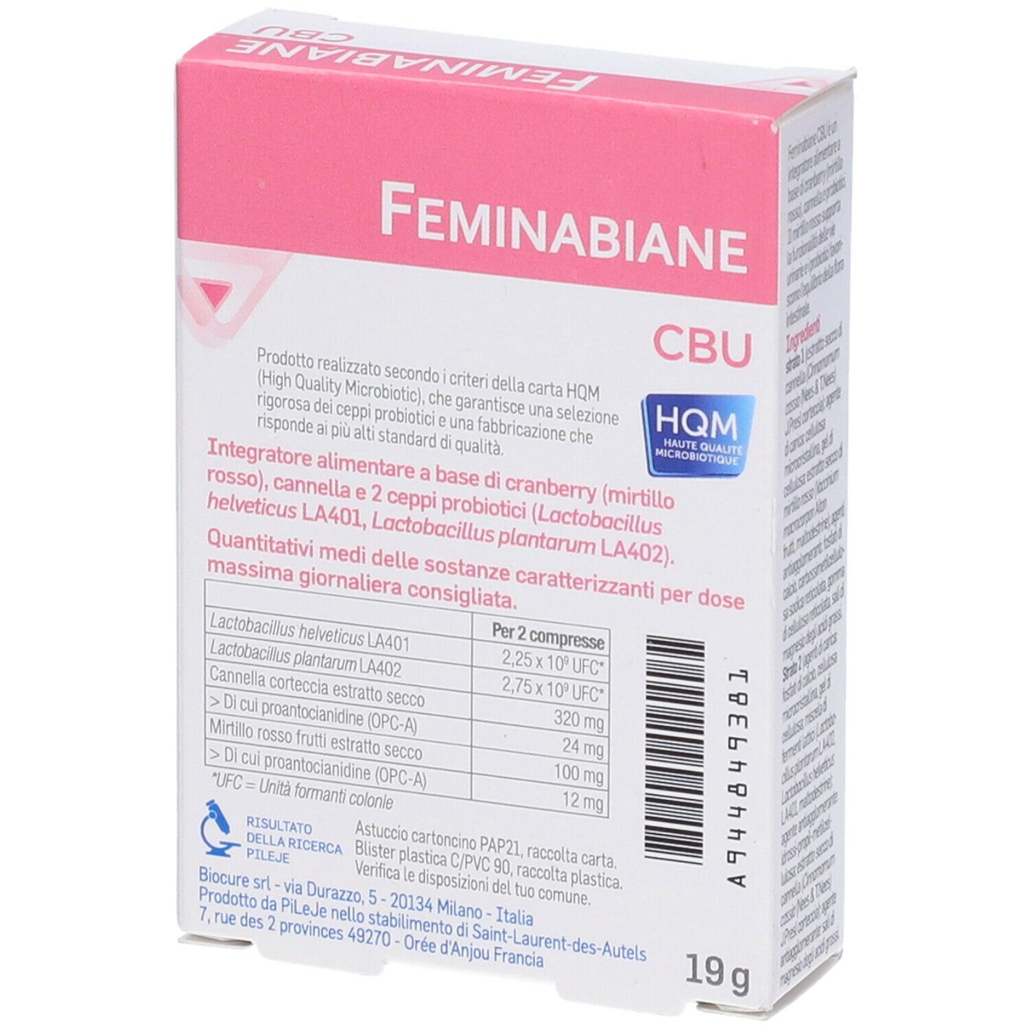 Scatola "Feminabiane CBU". Confezione rosa e bianca. Nome del prodotto, ingredienti e 30 compresse.