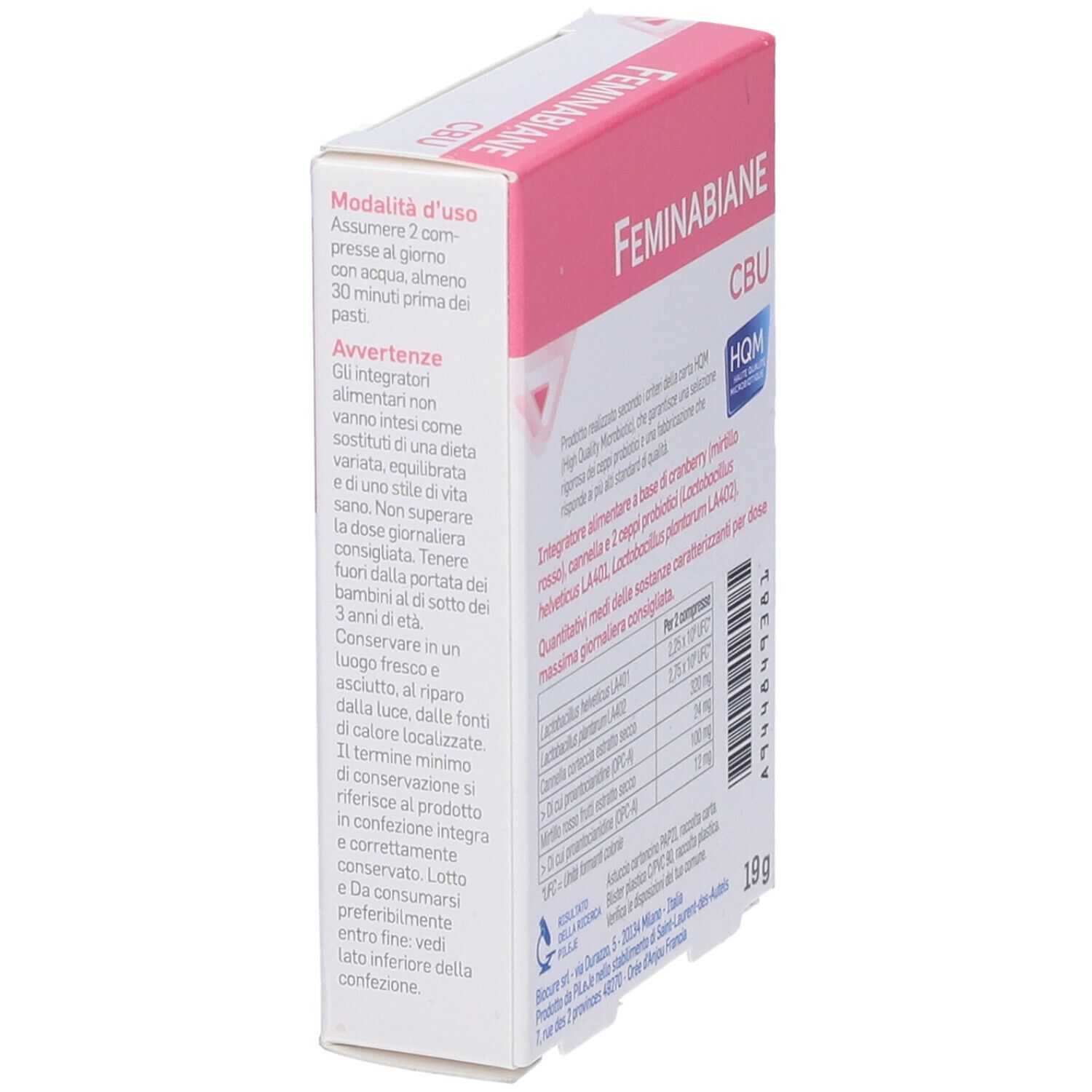 Scatola "Feminabiane CBU". Confezione rosa e bianca. Nome del prodotto, ingredienti e 30 compresse.