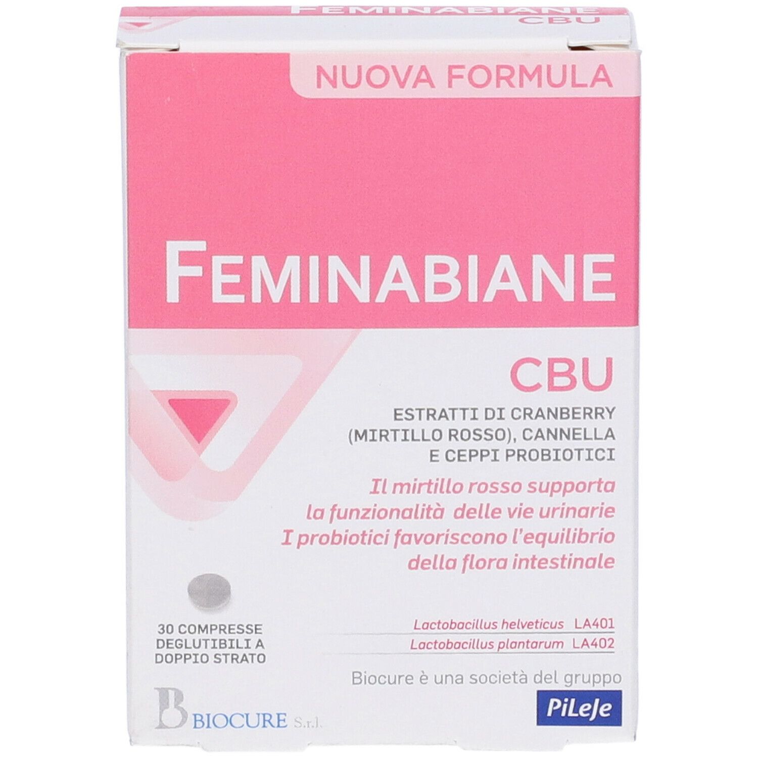 Scatola "Feminabiane CBU". Confezione rosa e bianca. Nome del prodotto, ingredienti e 30 compresse.