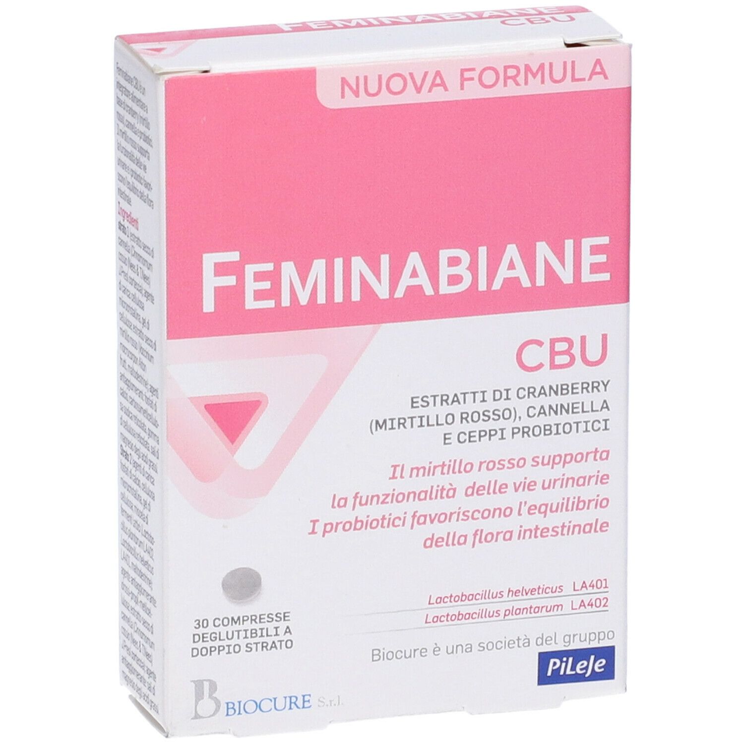 Scatola "Feminabiane CBU". Confezione rosa e bianca. Nome del prodotto, ingredienti e 30 compresse.