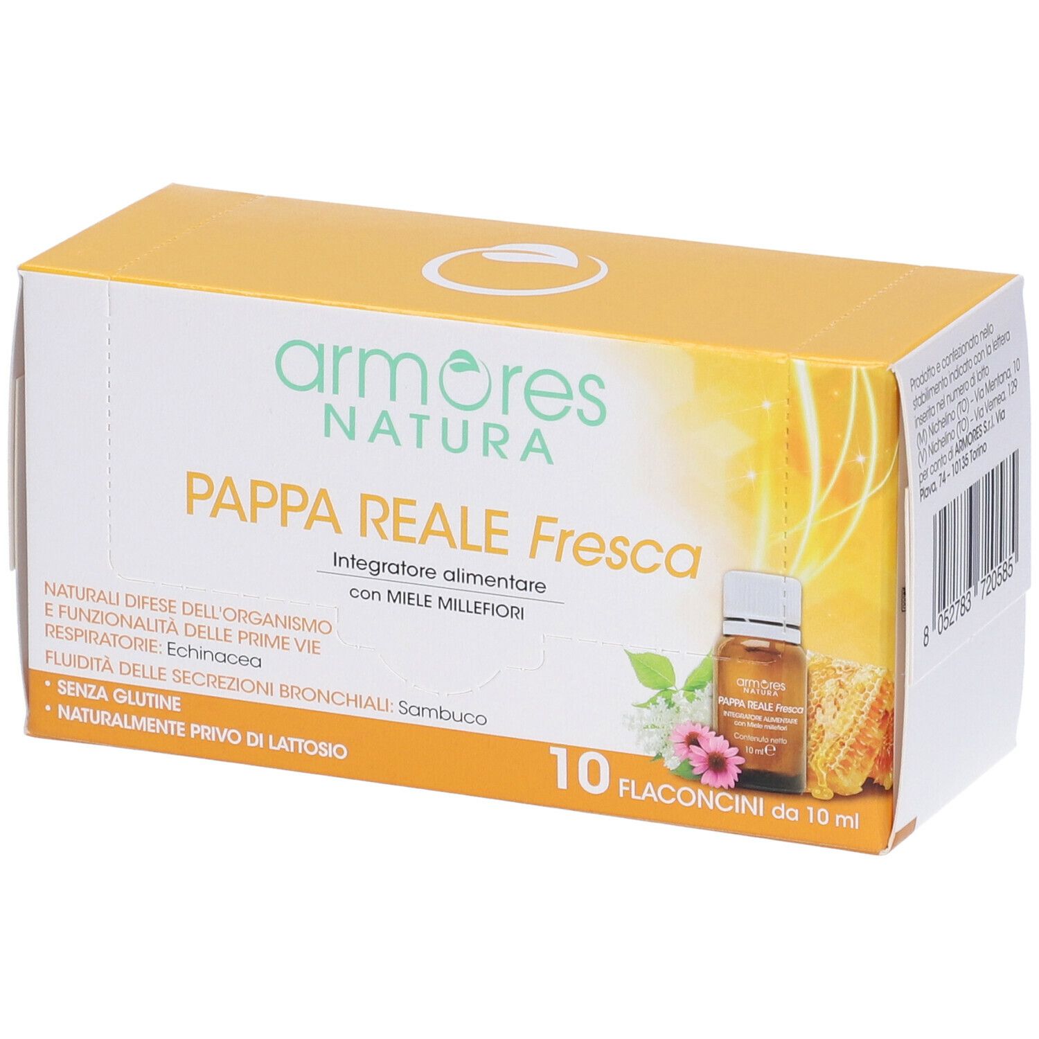 Confezione Armores Natura Pappa Reale Fresca. Scatola gialla con nome prodotto e immagine flaconi. 10 flaconcini.