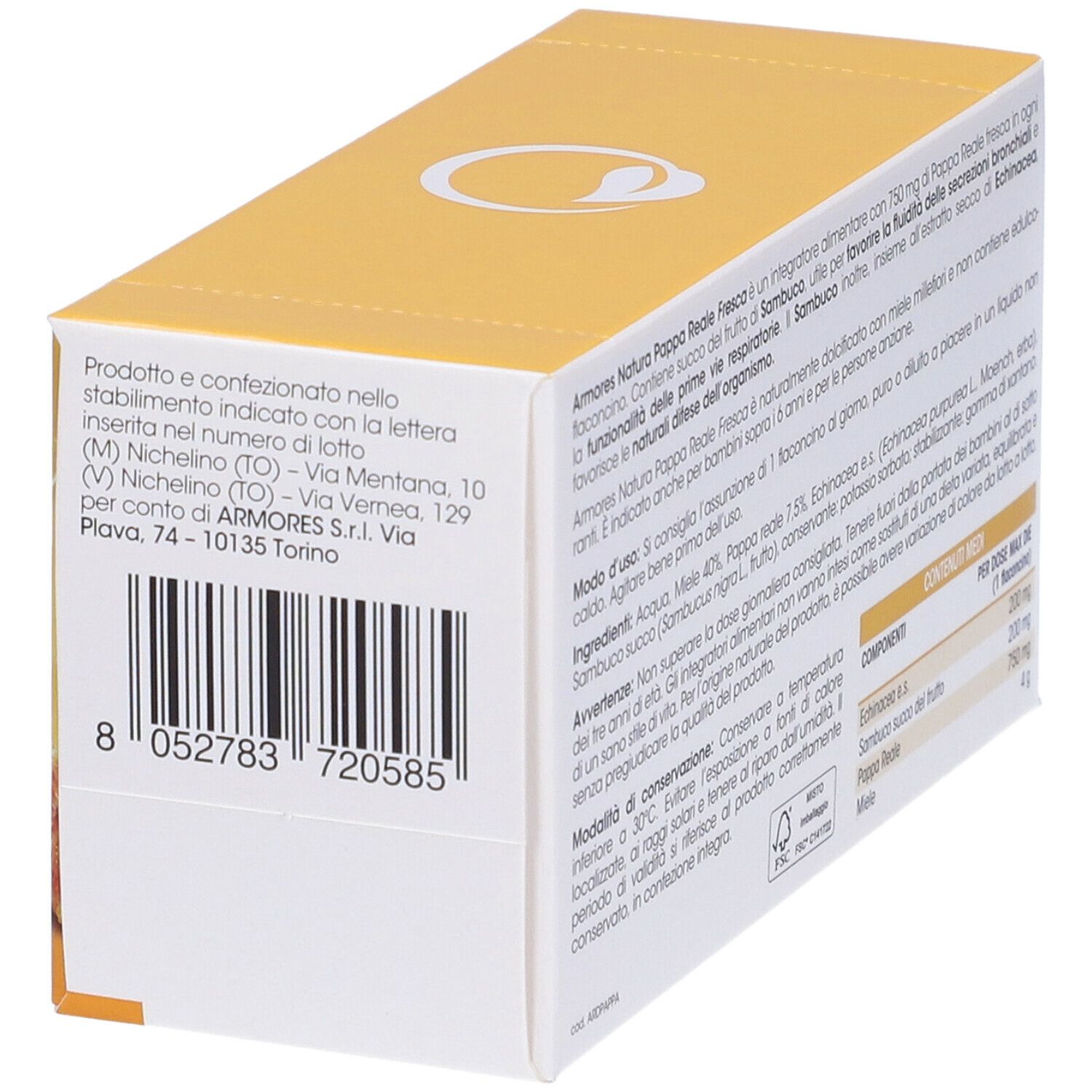 Retro della confezione Armores Natura Pappa Reale Fresca. Scatola gialla con codice a barre e informazioni produttore.
