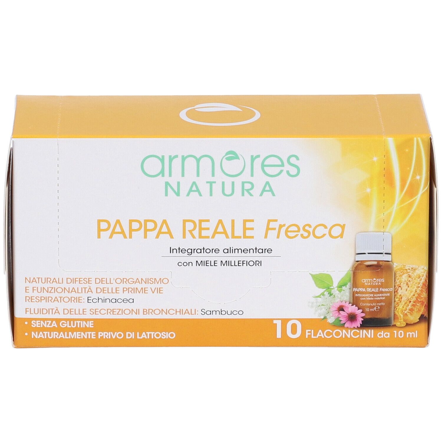 Confezione Armores Natura Pappa Reale Fresca. Scatola gialla con nome prodotto e immagine flaconi. 10 flaconcini.