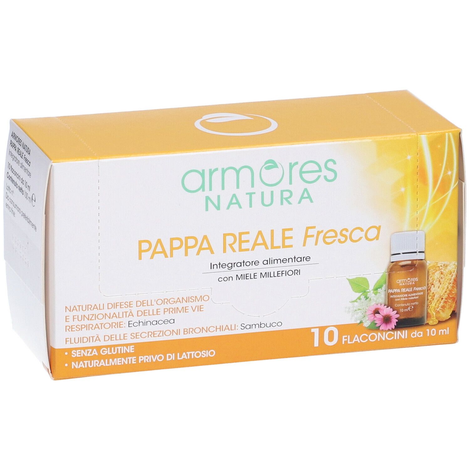 Confezione Armores Natura Pappa Reale Fresca. Scatola gialla con nome prodotto e immagine flaconi. 10 flaconcini.