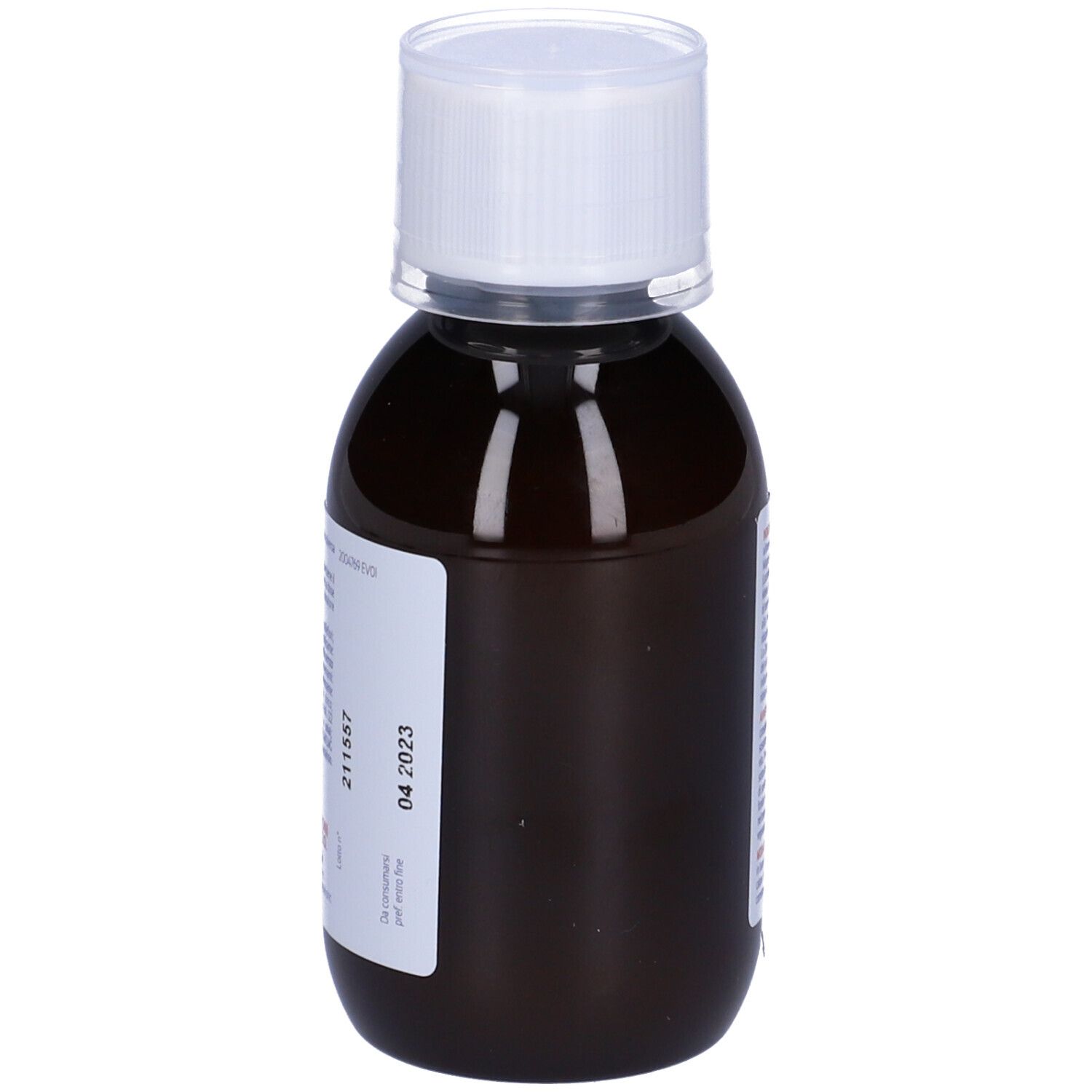 Braune Flasche mit weißem Deckel. Etikett mit Text und Datum 04 2023. Keine Marke sichtbar.