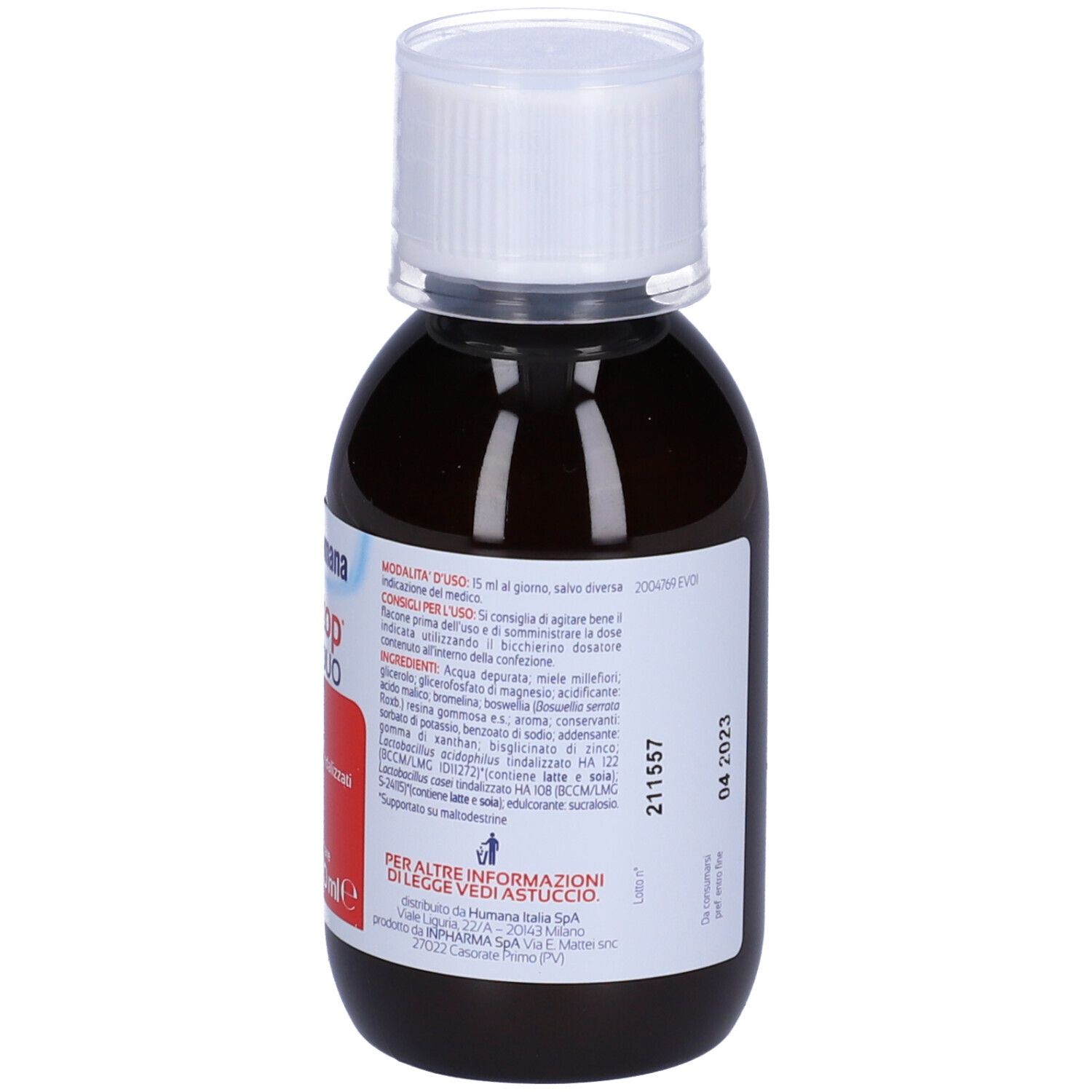 Rückansicht einer braunen Flasche mit weißem Deckel. Etikett mit Text und Datum 04 2023. Keine Marke sichtbar.