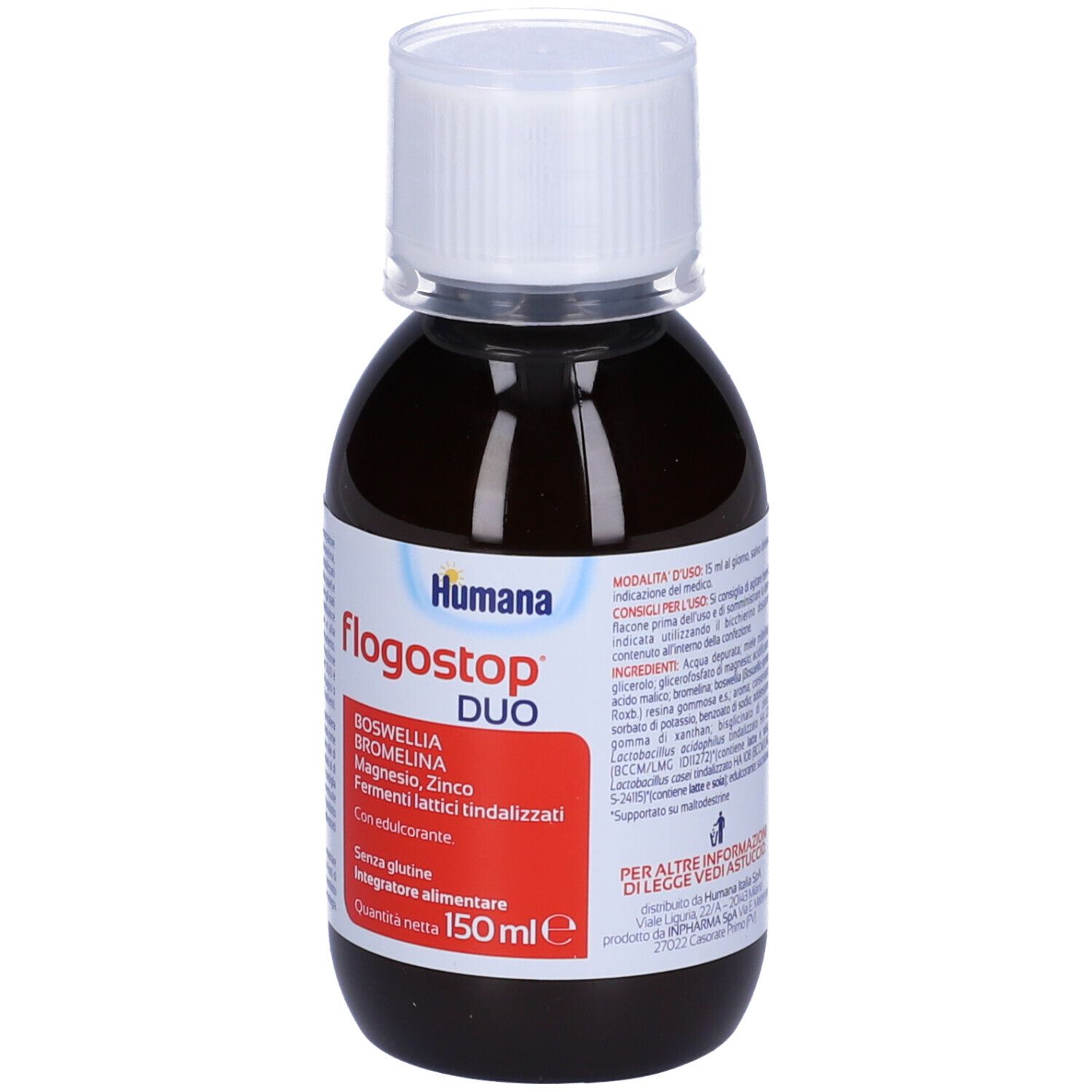Braune Flasche mit weißem Deckel. Etikett mit Humana Flogostop DUO. Enthält Boswellia, Bromelin, Magnesium, Zink und probiotische Bakterien.
