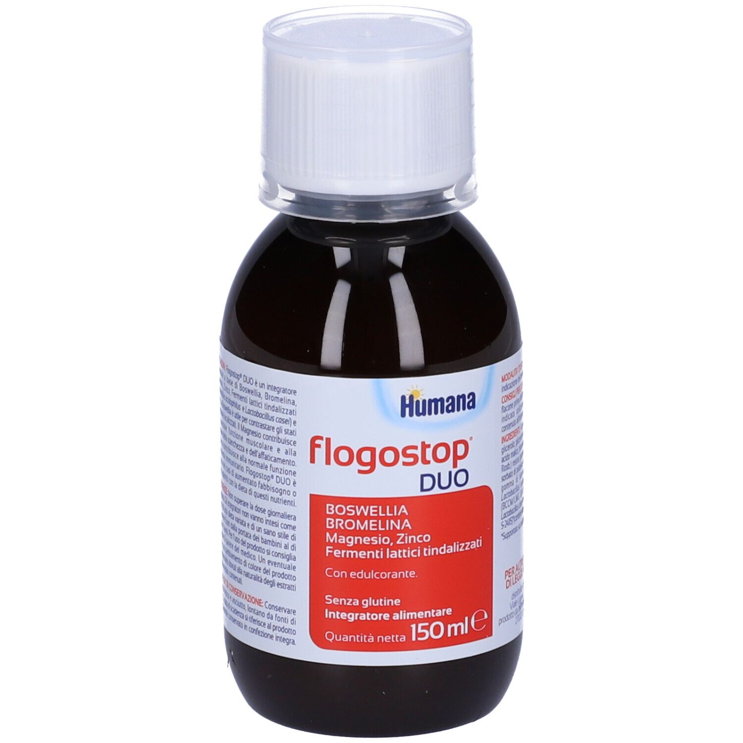 Braune Flasche mit weißem Deckel. Etikett mit Humana Flogostop DUO. Enthält Boswellia, Bromelin, Magnesium, Zink und probiotische Bakterien.