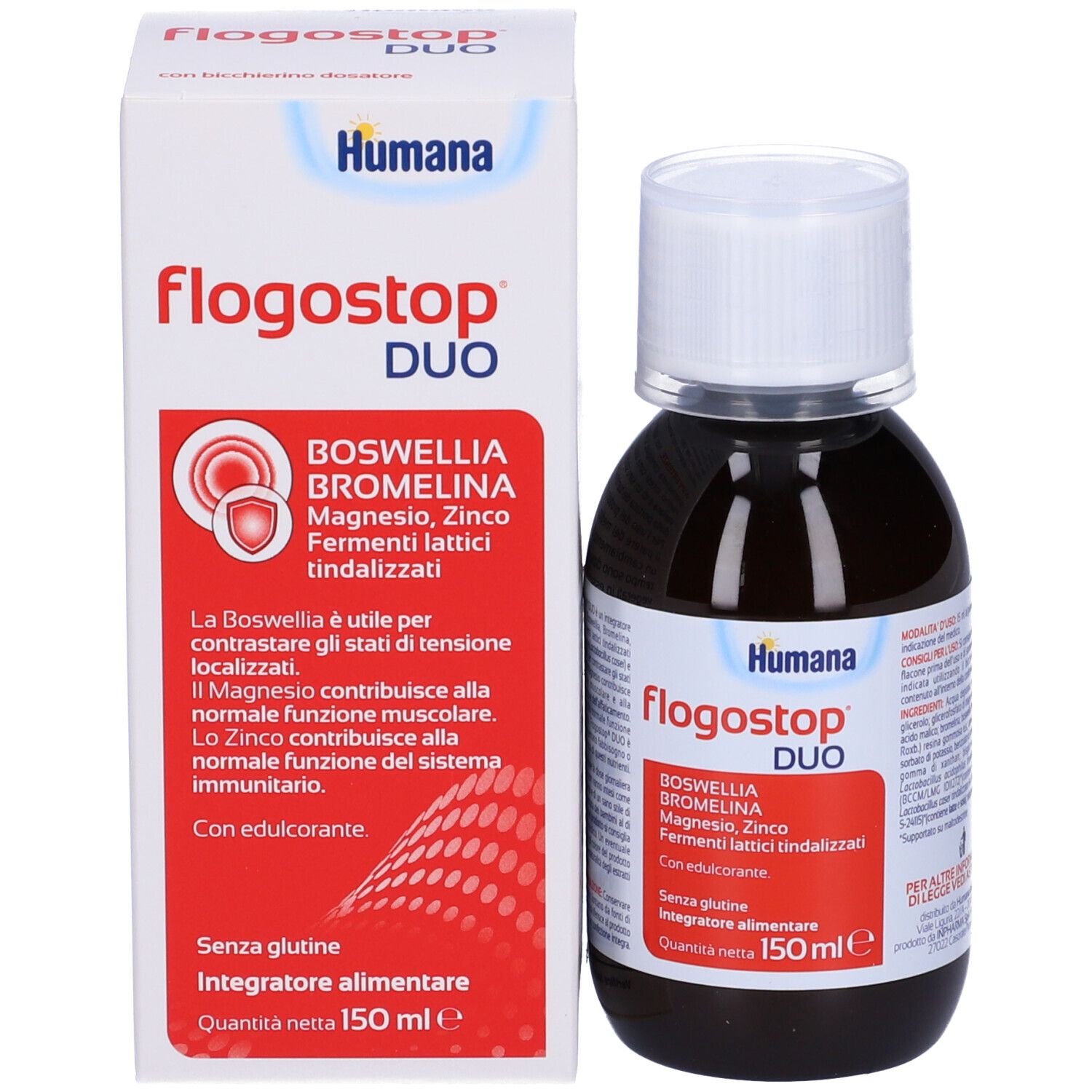 Humana Flogostop DUO Flasche und Verpackung. Flasche braun, weißer Deckel. Verpackung weiß mit Produktnamen und Inhaltsstoffen.