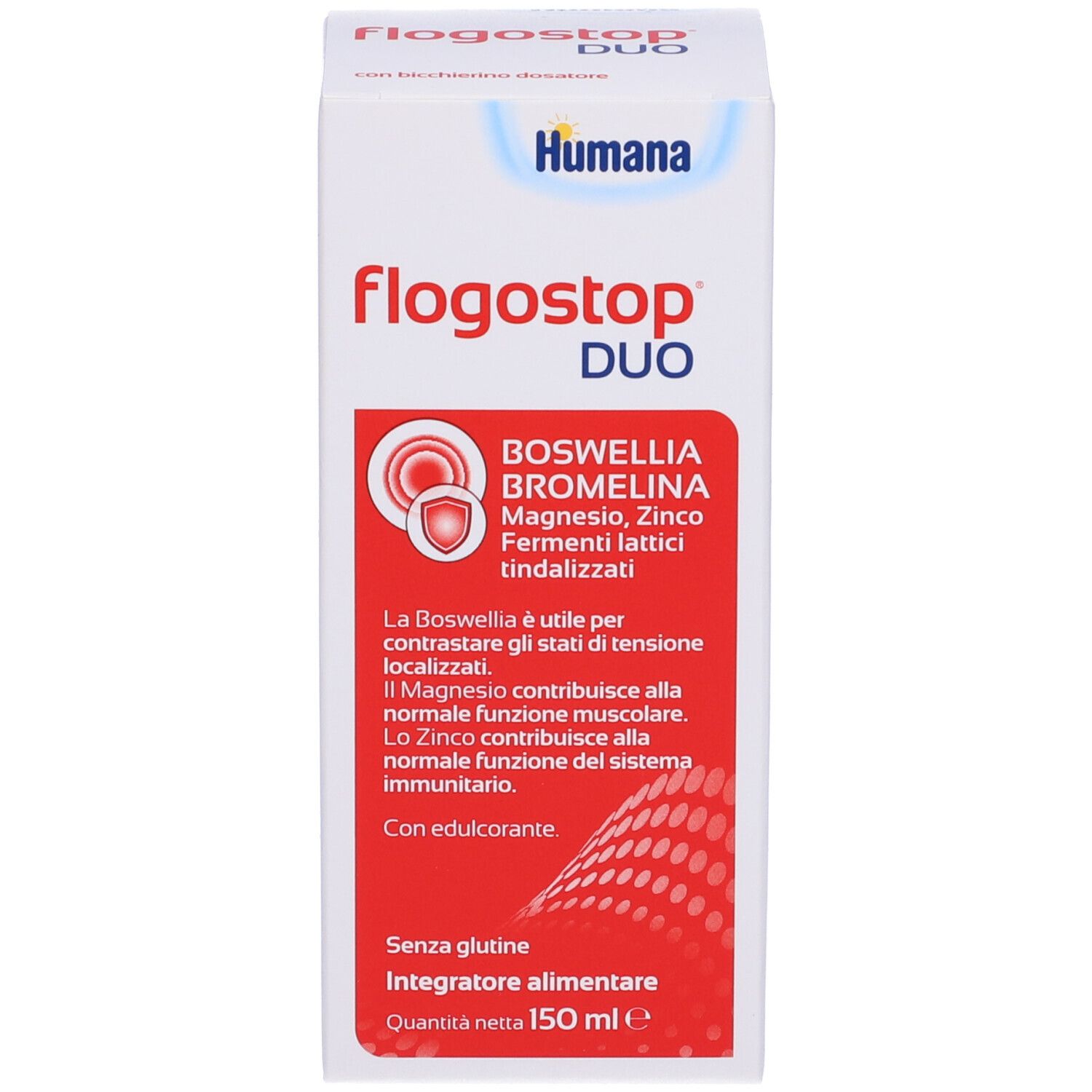 Verpackung von Humana Flogostop DUO. Weiß mit Produktnamen, Inhaltsstoffen und Logo. Enthält Boswellia, Bromelin, Magnesium, Zink und probiotische Bakterien.