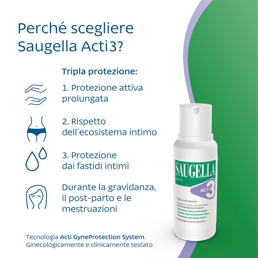 Eine Flasche Saugella Acti 3 Intimpflege-Spray mit Etikett, das dreifachen Schutz verspricht.