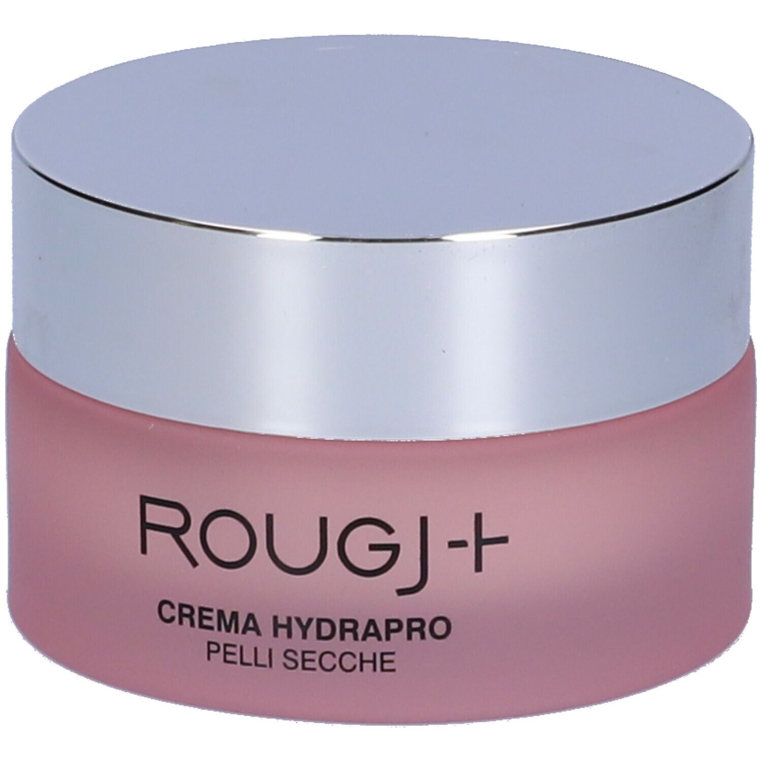 Vaso di crema rosa con coperchio argentato. Scritta: ROUGJ+ CREMA HYDRAPRO PELLI SECCHE.