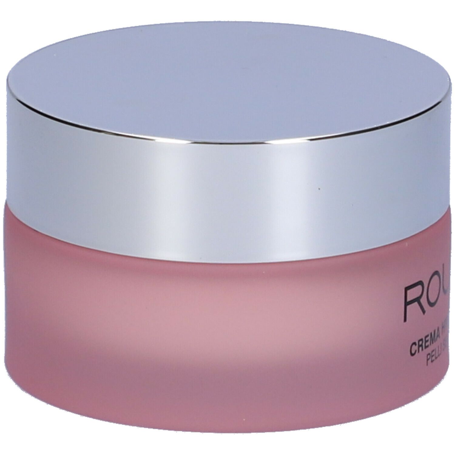 Vaso di crema rosa con coperchio argentato. Scritta: ROUGJ+ CREMA HYDRAPRO PELLI SECCHE.