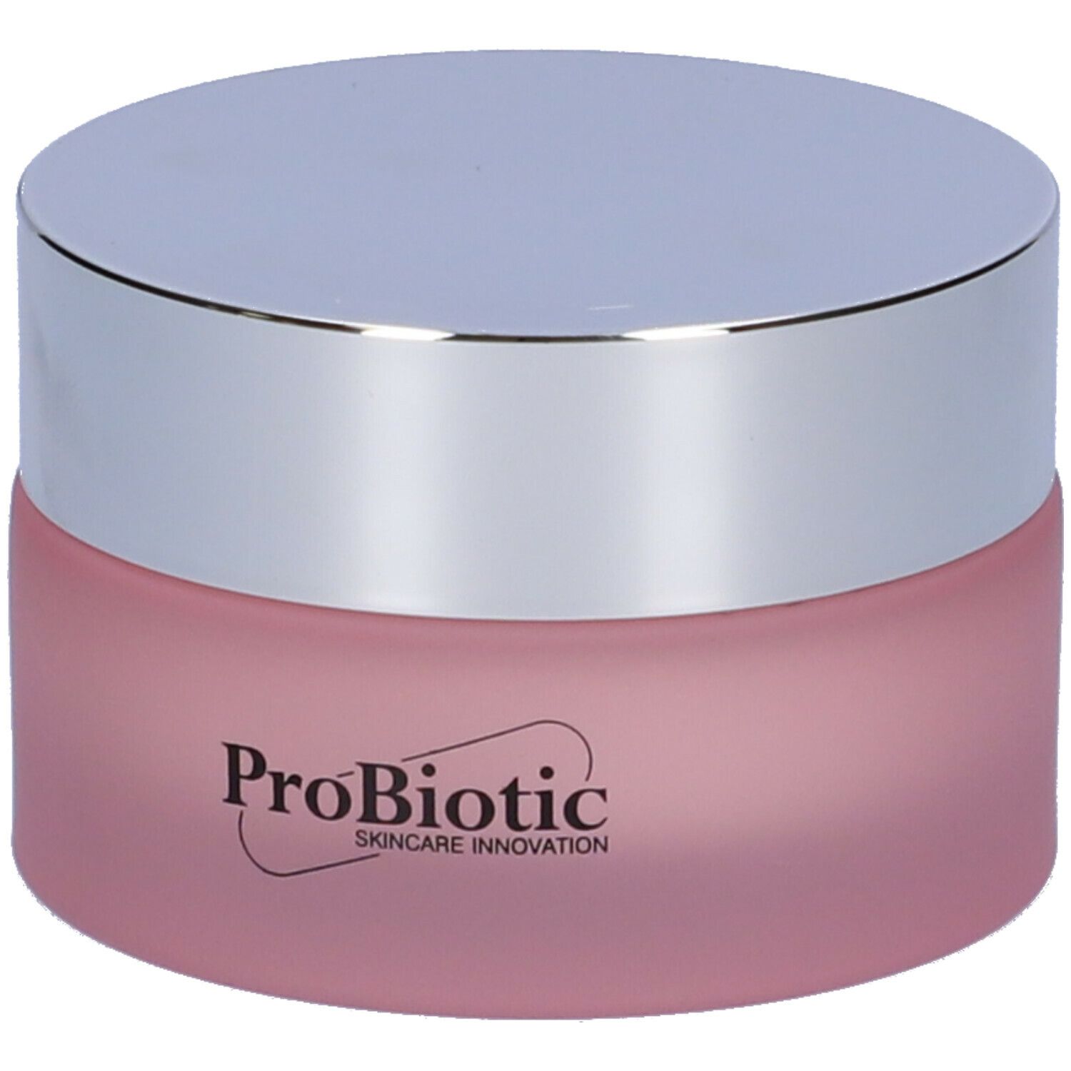 Vaso di crema rosa con coperchio argentato. Scritta: ProBiotic SKINCARE INNOVATION.
