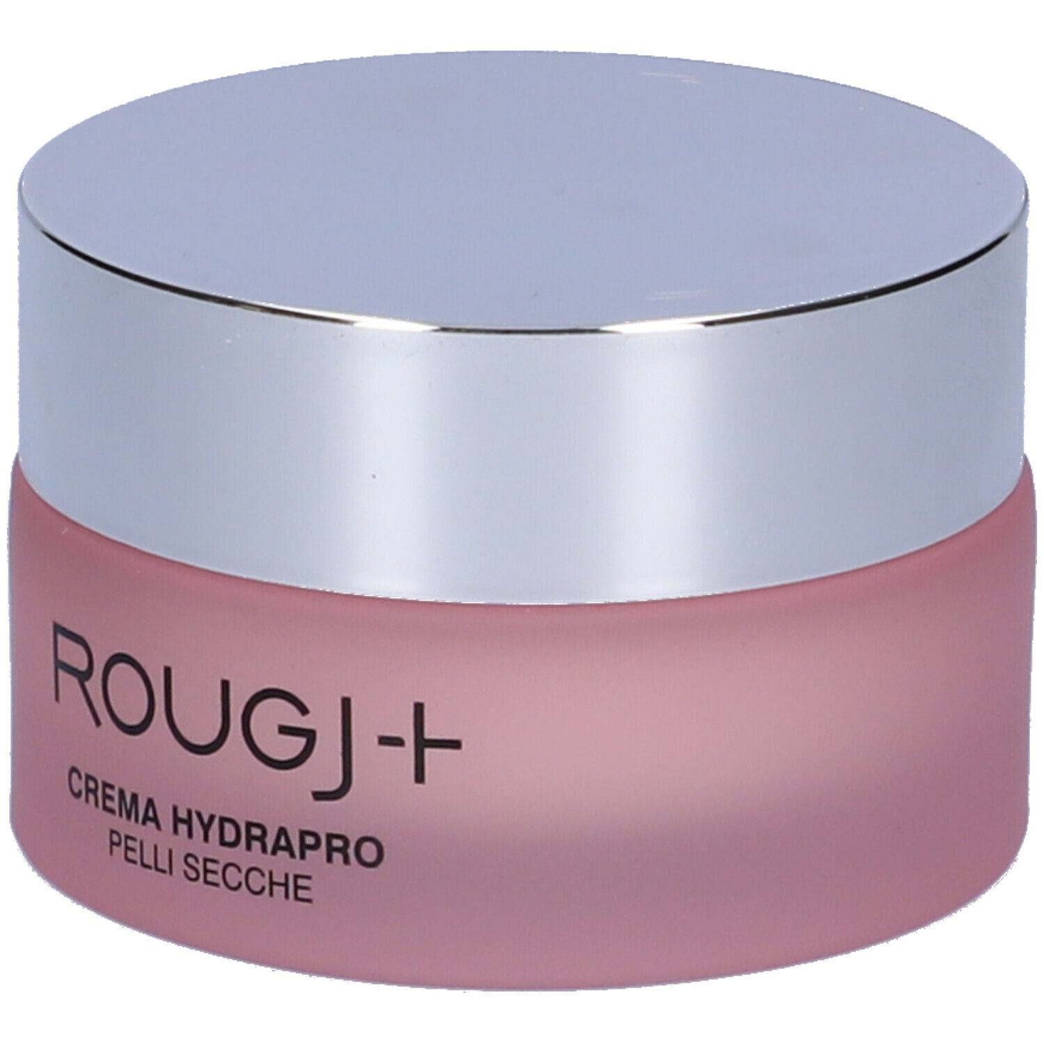 Vaso di crema rosa con coperchio argentato. Scritta: ROUGJ+ CREMA HYDRAPRO PELLI SECCHE.