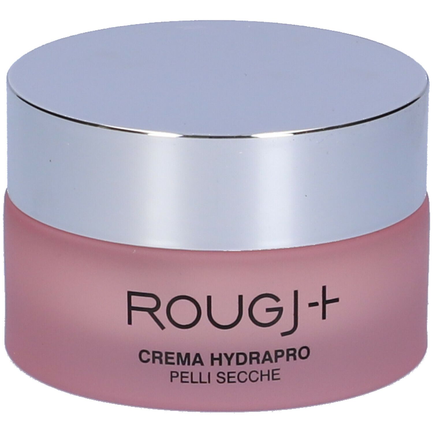 Vaso di crema rosa con coperchio argentato. Scritta: ROUGJ+ CREMA HYDRAPRO PELLI SECCHE.