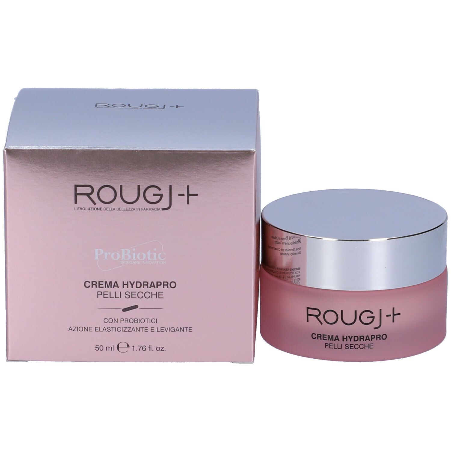 Vaso e scatola di crema rosa. Scritta: ROUGJ+ ProBiotic CREMA HYDRAPRO PELLI SECCHE. 50 ml.