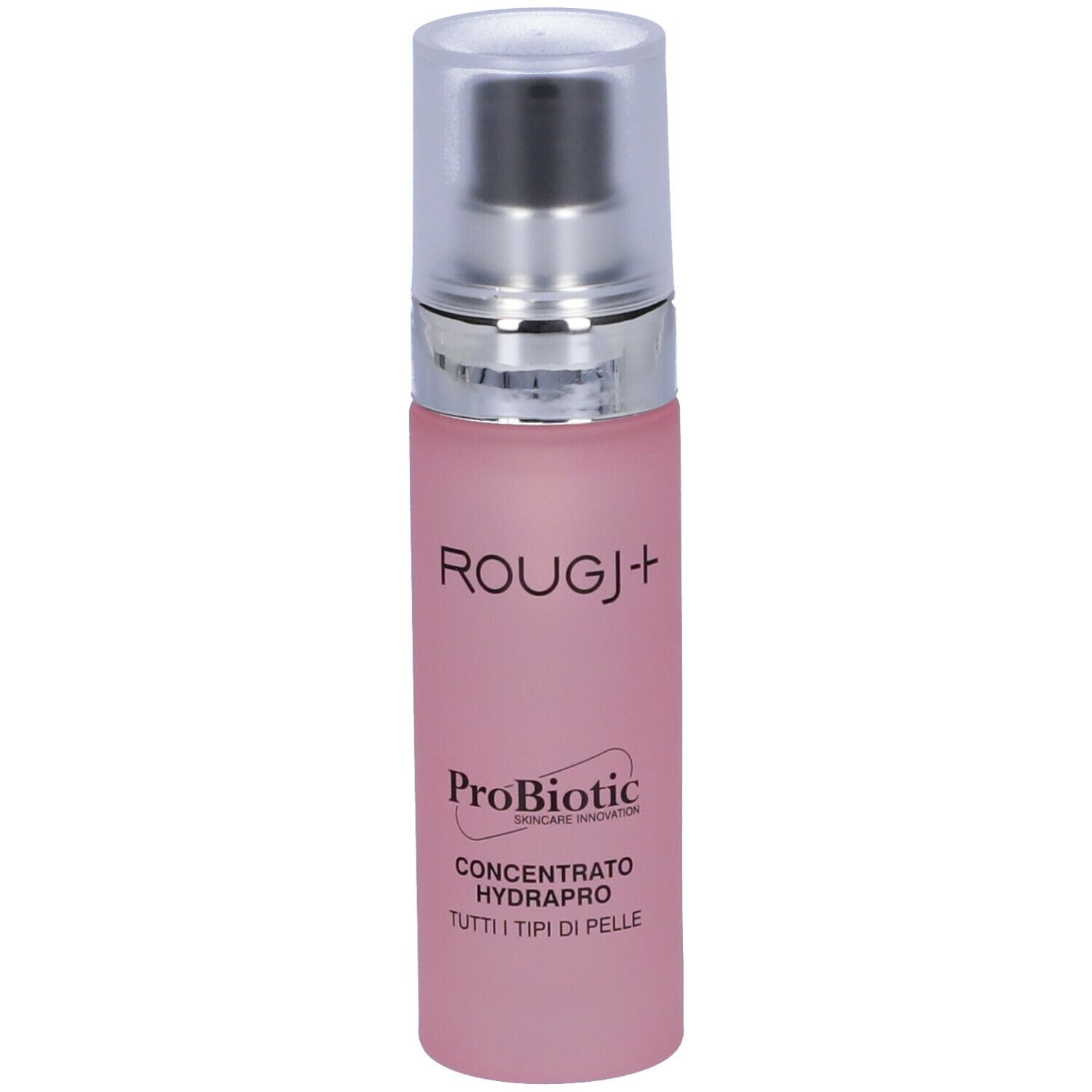 Flacone rosa con tappo argentato. Scritta: ROUGJ+, ProBiotic, Concentrato Hydrapro.
