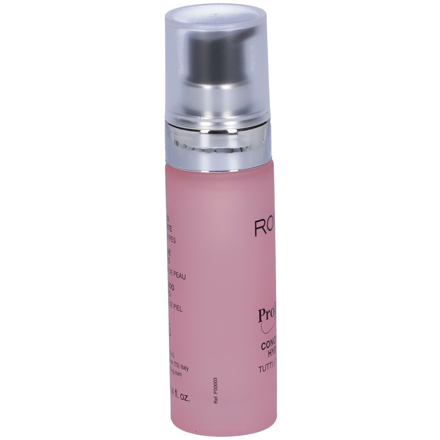 Flacone rosa con tappo argentato. Scritta: ROUGJ+, ProBiotic, Concentrato Hydrapro. Testo sul retro.