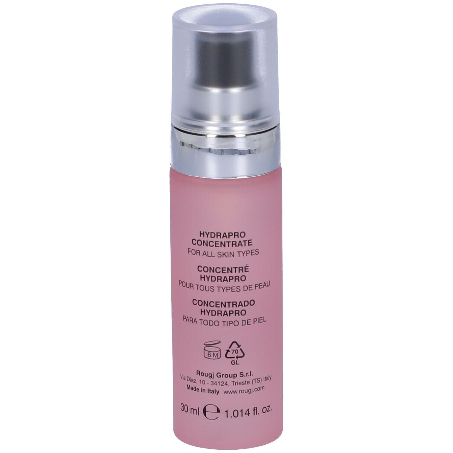 Flacone rosa con tappo argentato. Scritta: Hydrapro Concentrate, 30 ml. Testo sul retro.