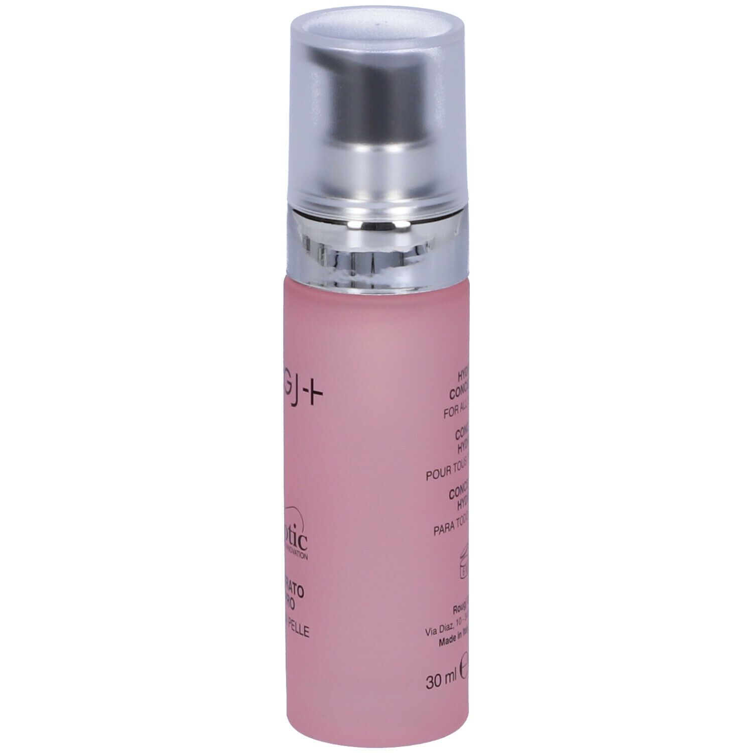 Flacone rosa con tappo argentato. Scritta: ROUGJ+, ProBiotic, Concentrato Hydrapro. Testo sul retro.