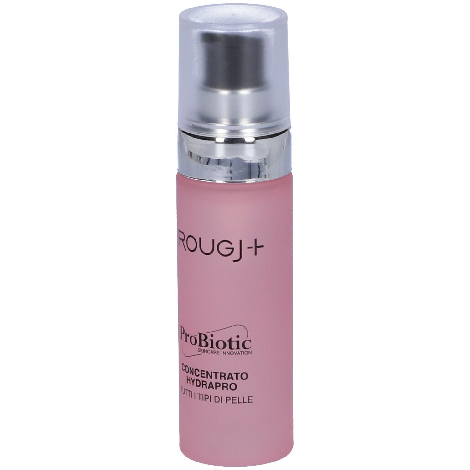 Flacone rosa con tappo argentato. Scritta: ROUGJ+, ProBiotic, Concentrato Hydrapro.