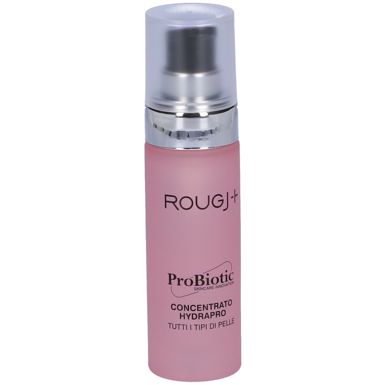Flacone rosa con tappo argentato. Scritta: ROUGJ+, ProBiotic, Concentrato Hydrapro.