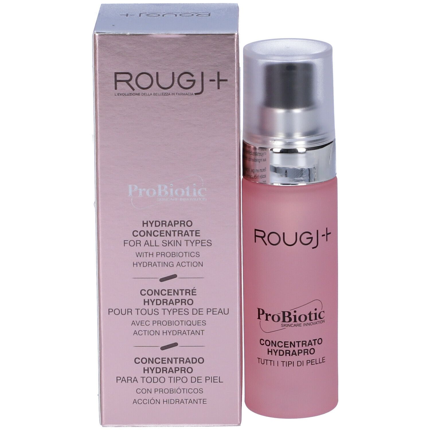 Flacone rosa con tappo argentato e confezione. Scritta: ROUGJ+, ProBiotic, Hydrapro Concentrate.