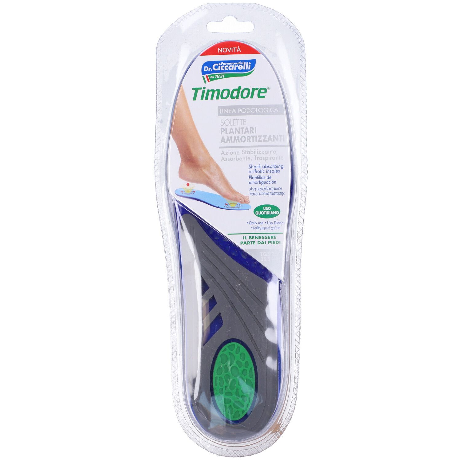Einlegesohle in Blisterverpackung. Marke Timodore, Dr. Ciccarelli. Graue, blaue und grüne Farben. Stoßdämpfend.
