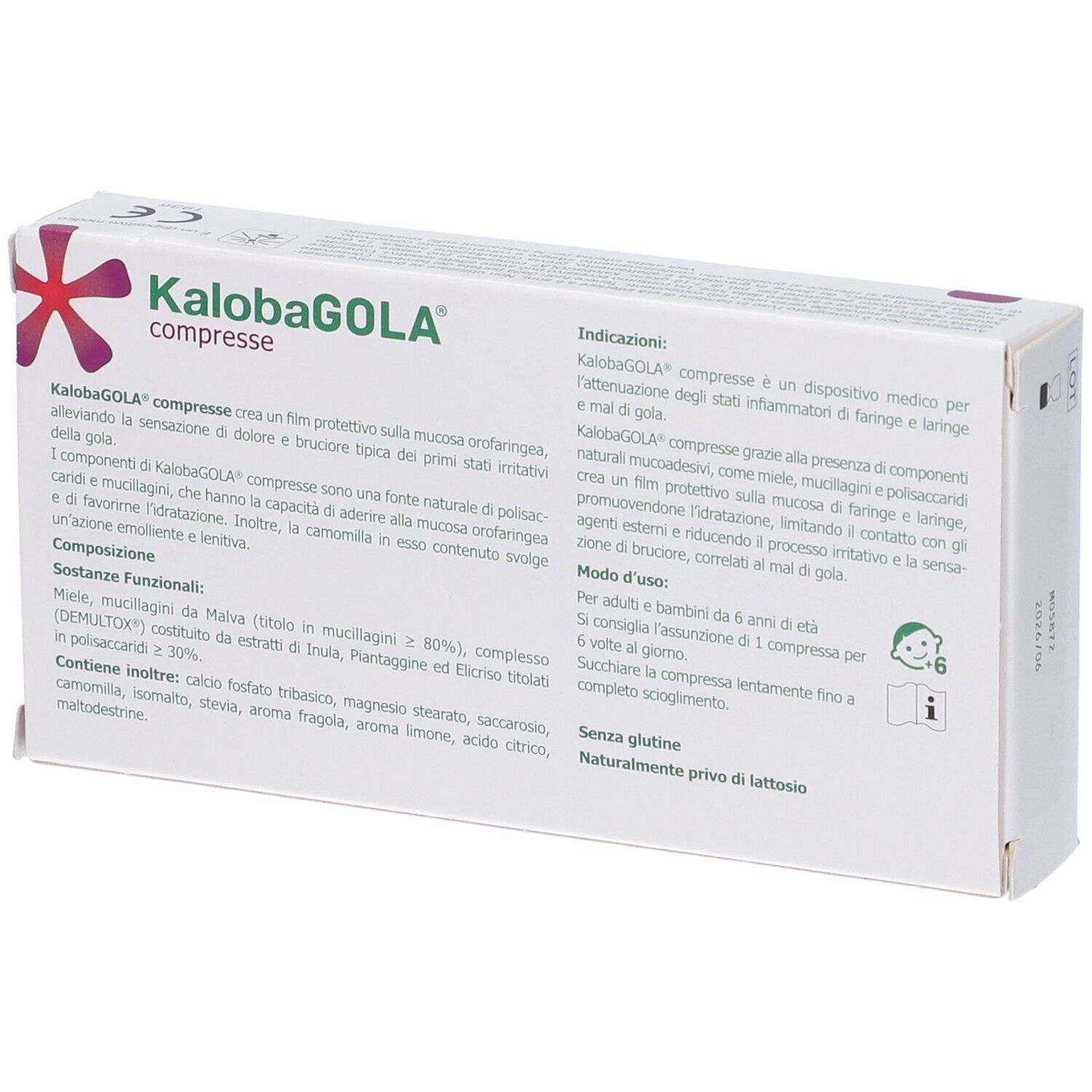 KalobaGOLA Lutschtabletten-Schachtel, Rückseite mit Produktinformationen, 20 Stück.