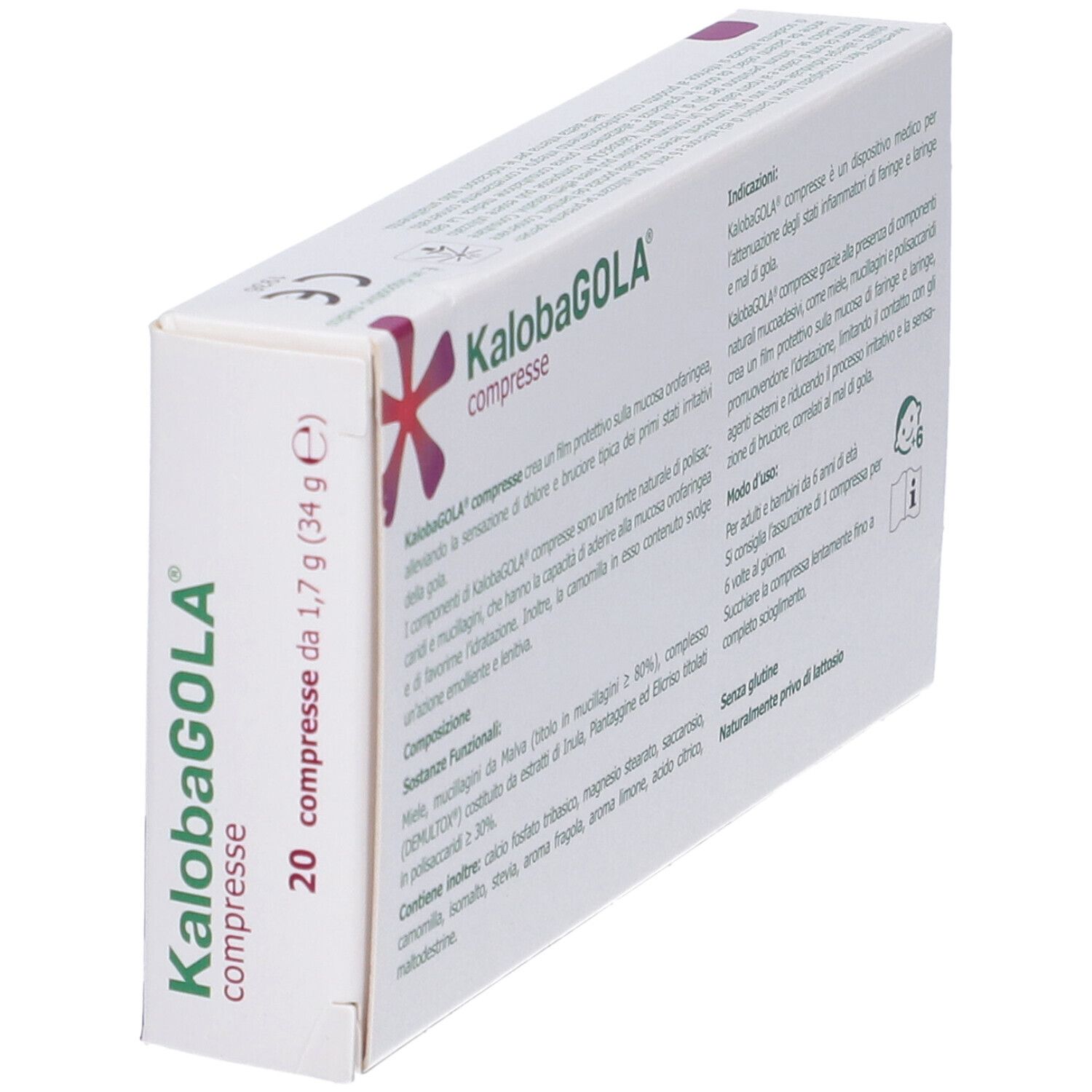 KalobaGOLA Lutschtabletten-Schachtel, Seite mit Produktinformationen, 20 Stück.