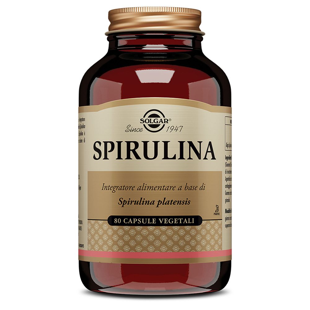 Flacone in vetro marrone SOLGAR Spirulina. Contiene 80 capsule. Tappo dorato.