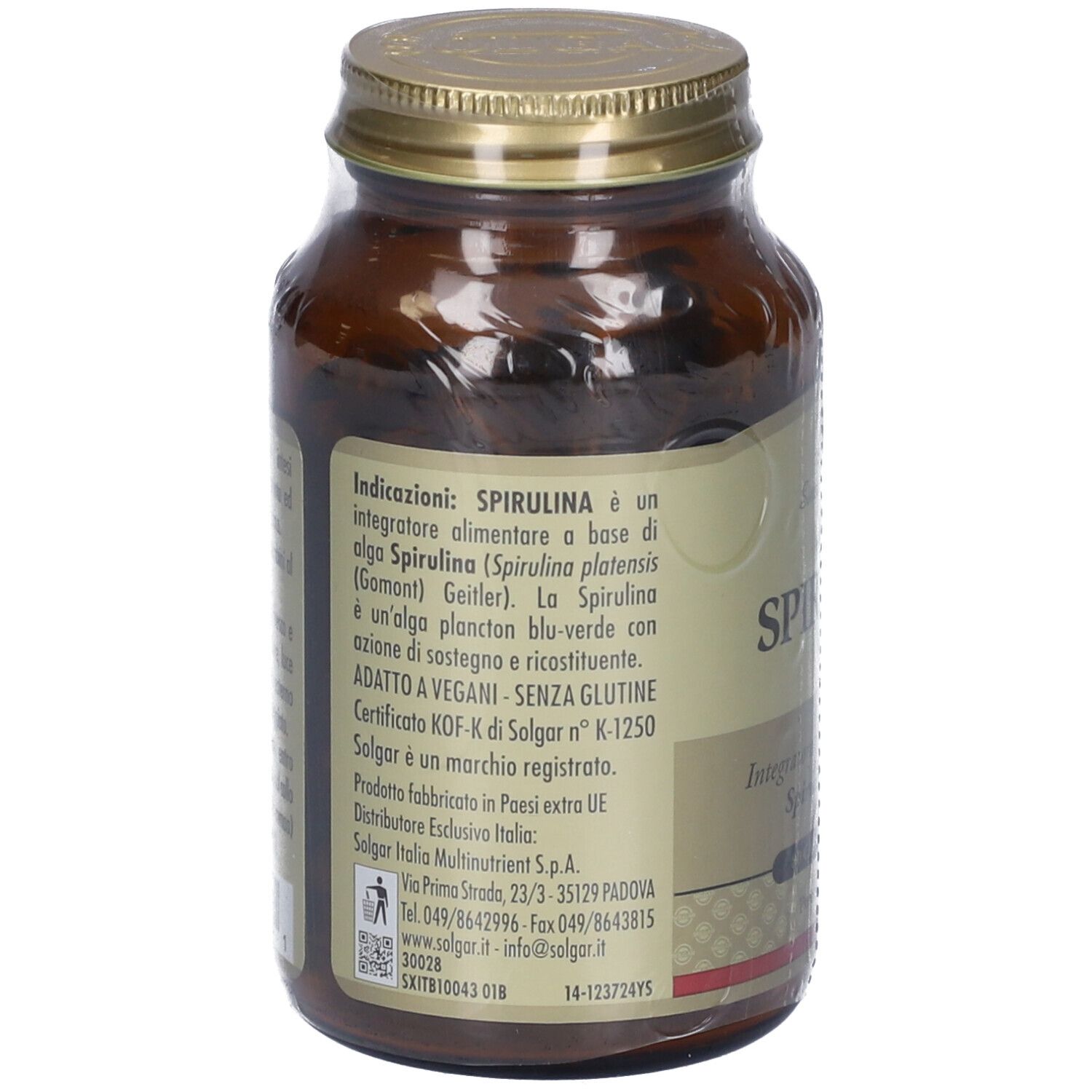 Retro del flacone SOLGAR Spirulina. Informazioni testuali. Tappo dorato.