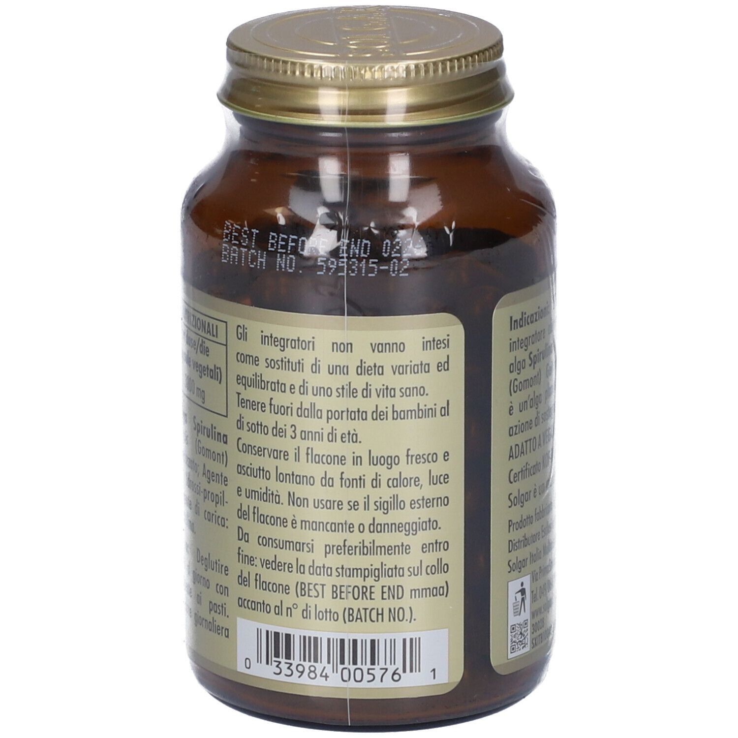 Retro del flacone SOLGAR Spirulina. Informazioni testuali. Tappo dorato. Scadenza.