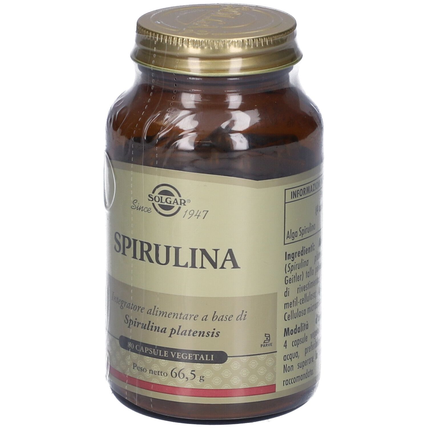 Flacone in vetro marrone SOLGAR Spirulina. 80 capsule. Tappo dorato. Etichetta con informazioni.