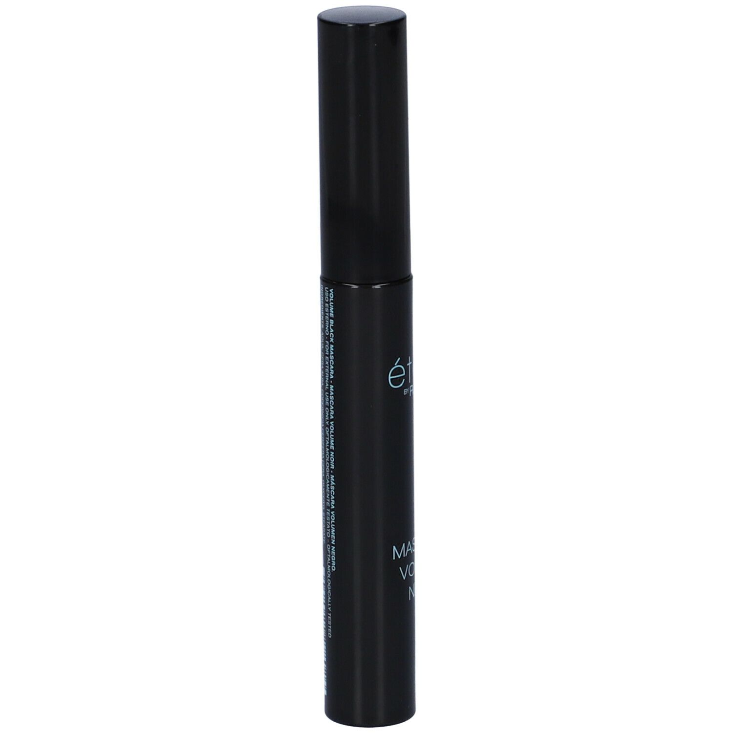 Schwarze Mascarabürste mit schwarzem Deckel. Aufschrift: étoile by ROUGJ, Mascara Volume Nero. Text auf der Seite.