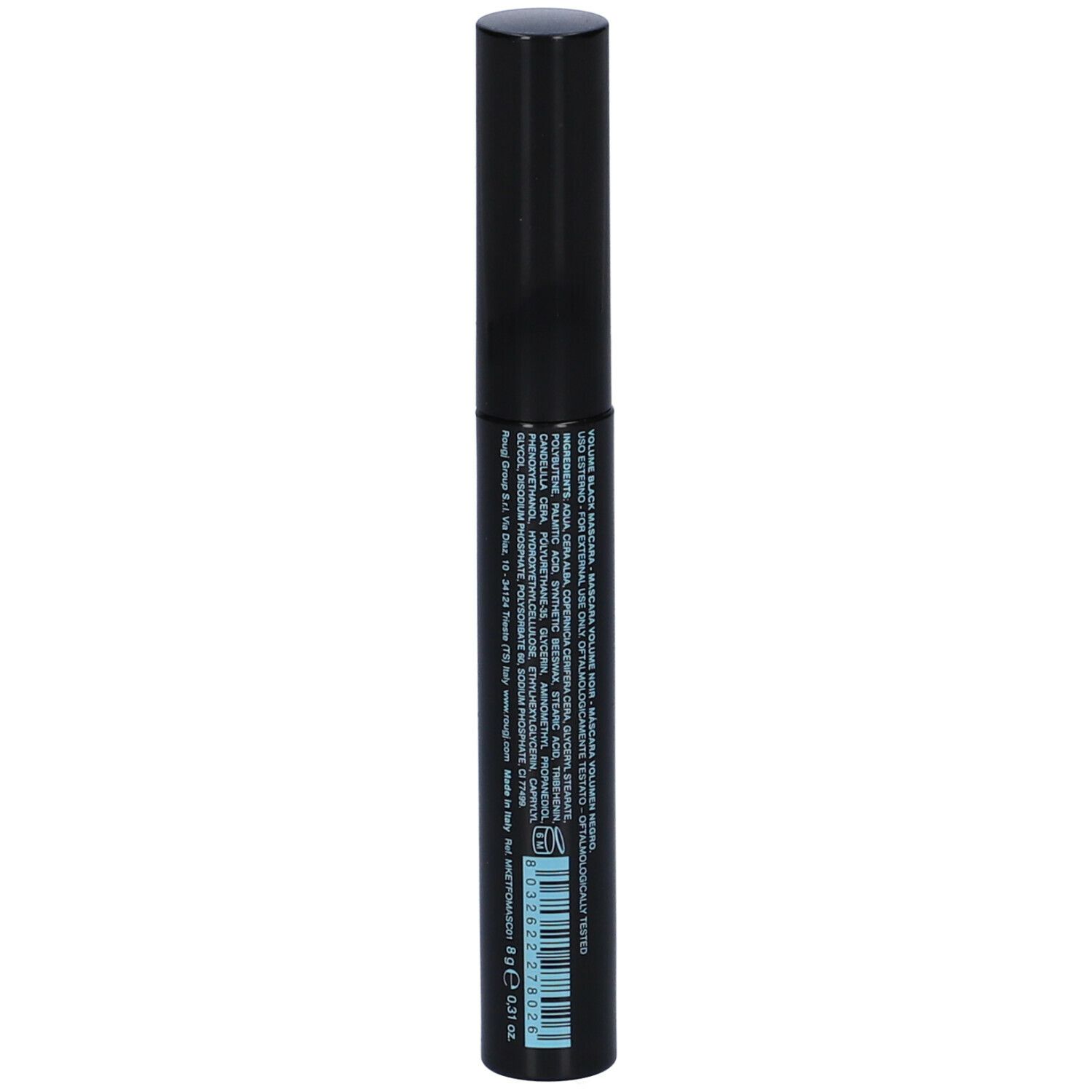Schwarze Mascarabürste mit schwarzem Deckel. Aufschrift: étoile by ROUGJ, Mascara Volume Nero. Text und Barcode auf der Seite.
