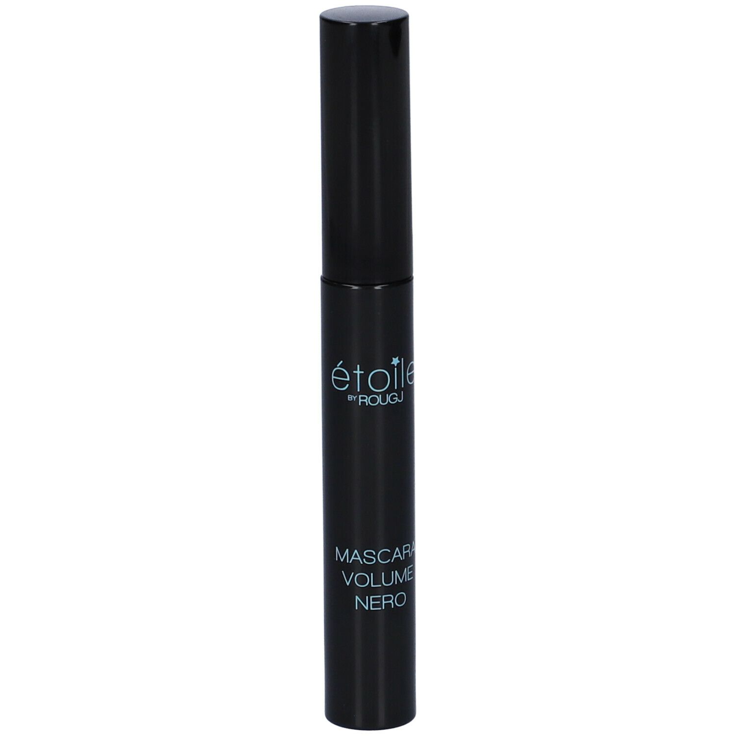Schwarze Mascarabürste mit schwarzem Deckel. Aufschrift: étoile by ROUGJ, Mascara Volume Nero.