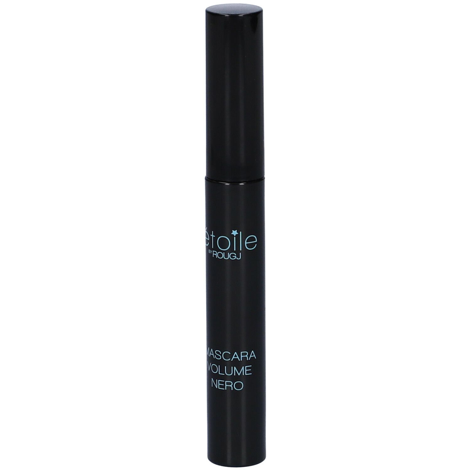 Schwarze Mascarabürste mit schwarzem Deckel. Aufschrift: étoile by ROUGJ, Mascara Volume Nero.