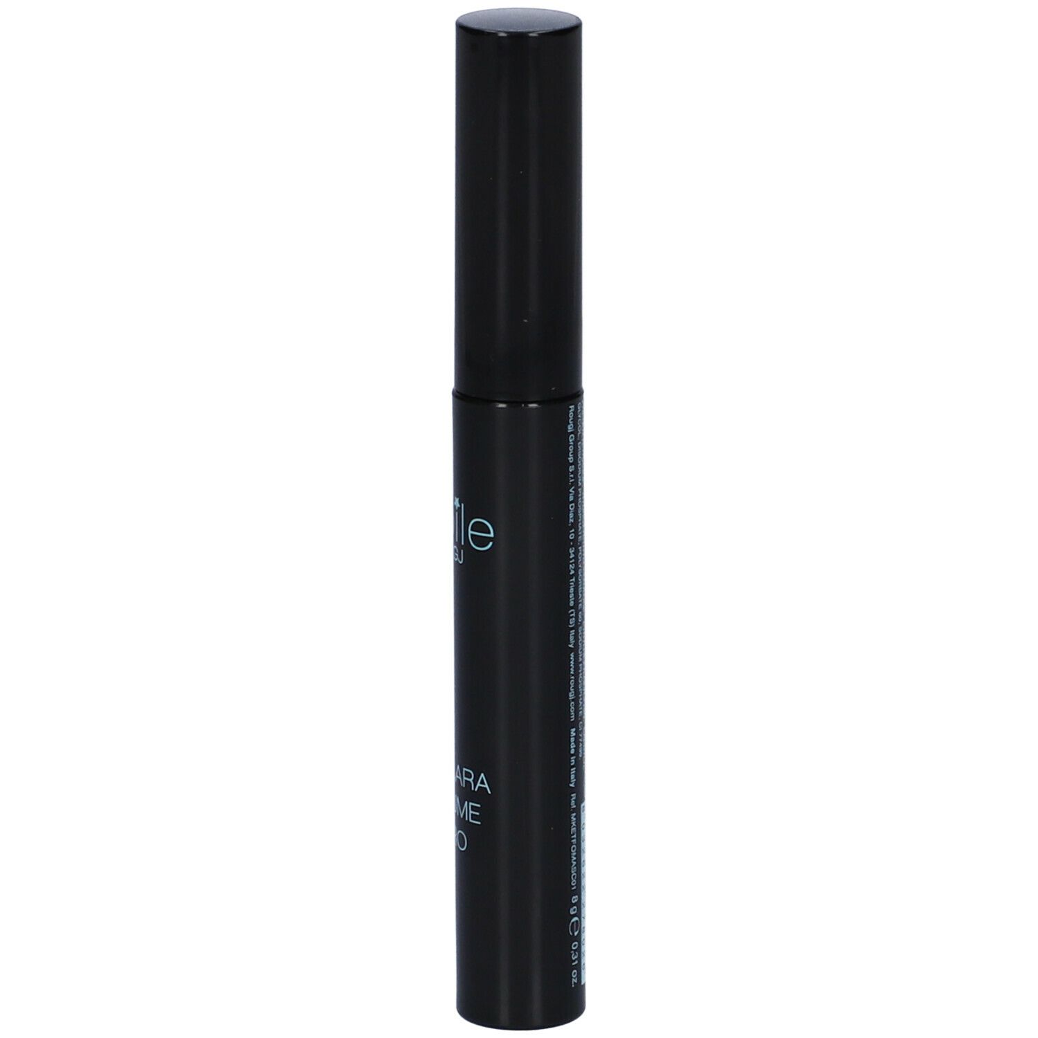 Schwarze Mascarabürste mit schwarzem Deckel. Aufschrift: étoile by ROUGJ, Mascara Volume Nero. Text auf der Seite.