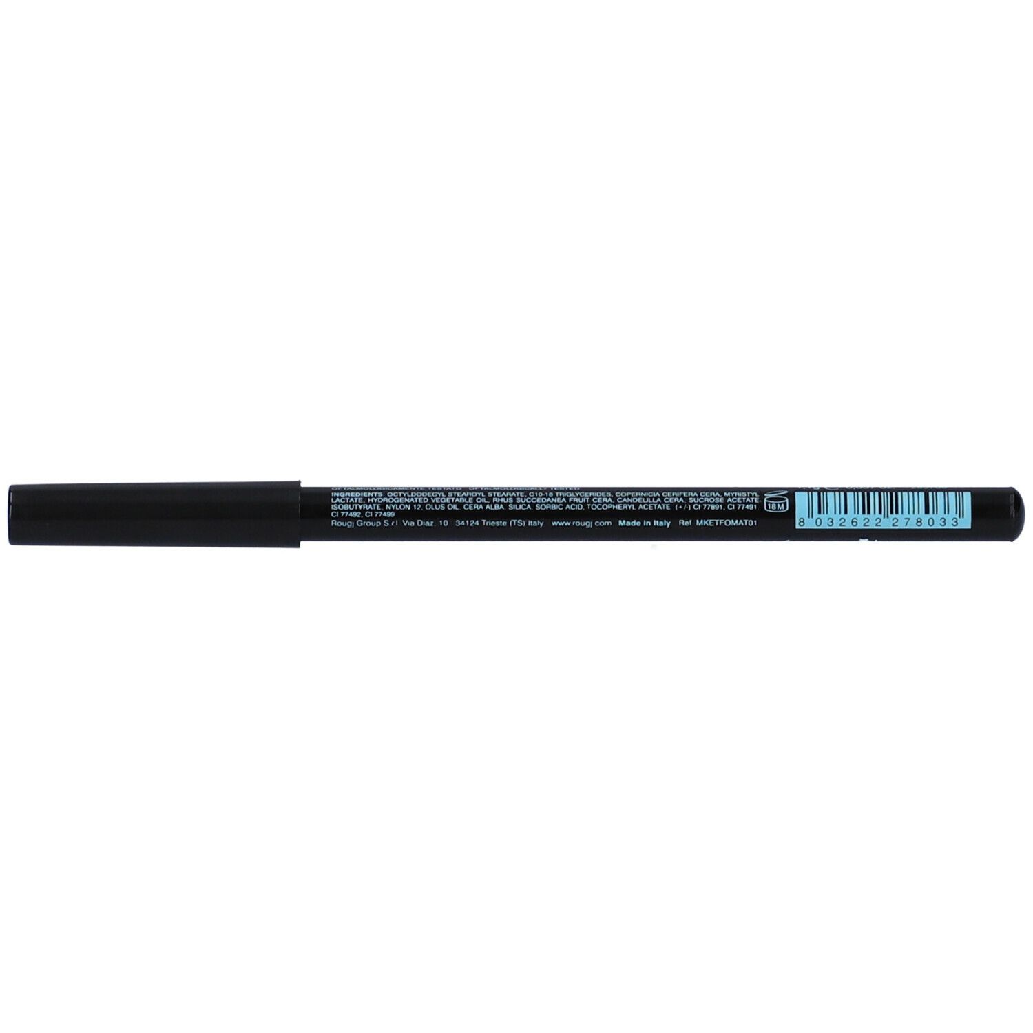 Crayon noir pour les yeux avec texte et code-barres. Inscription: ROUGJ.